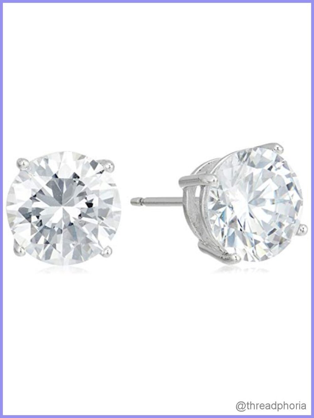 Plated Sterling Silver Cubic Zirconia Stud Earrings Round 8.5mm